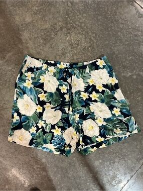 J.Jill Tropical Floral Pull-On Shorts 2X Rayon Navy Green